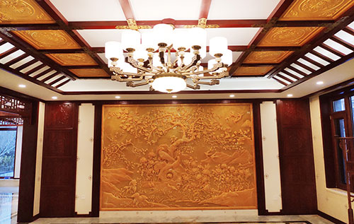 德庆中式别墅客厅中式木作横梁吊顶装饰展示