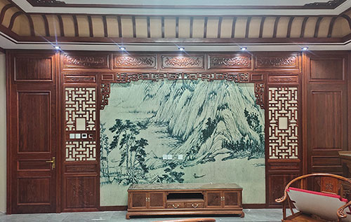 德庆中式仿古别墅客厅背景墙花格木作装饰